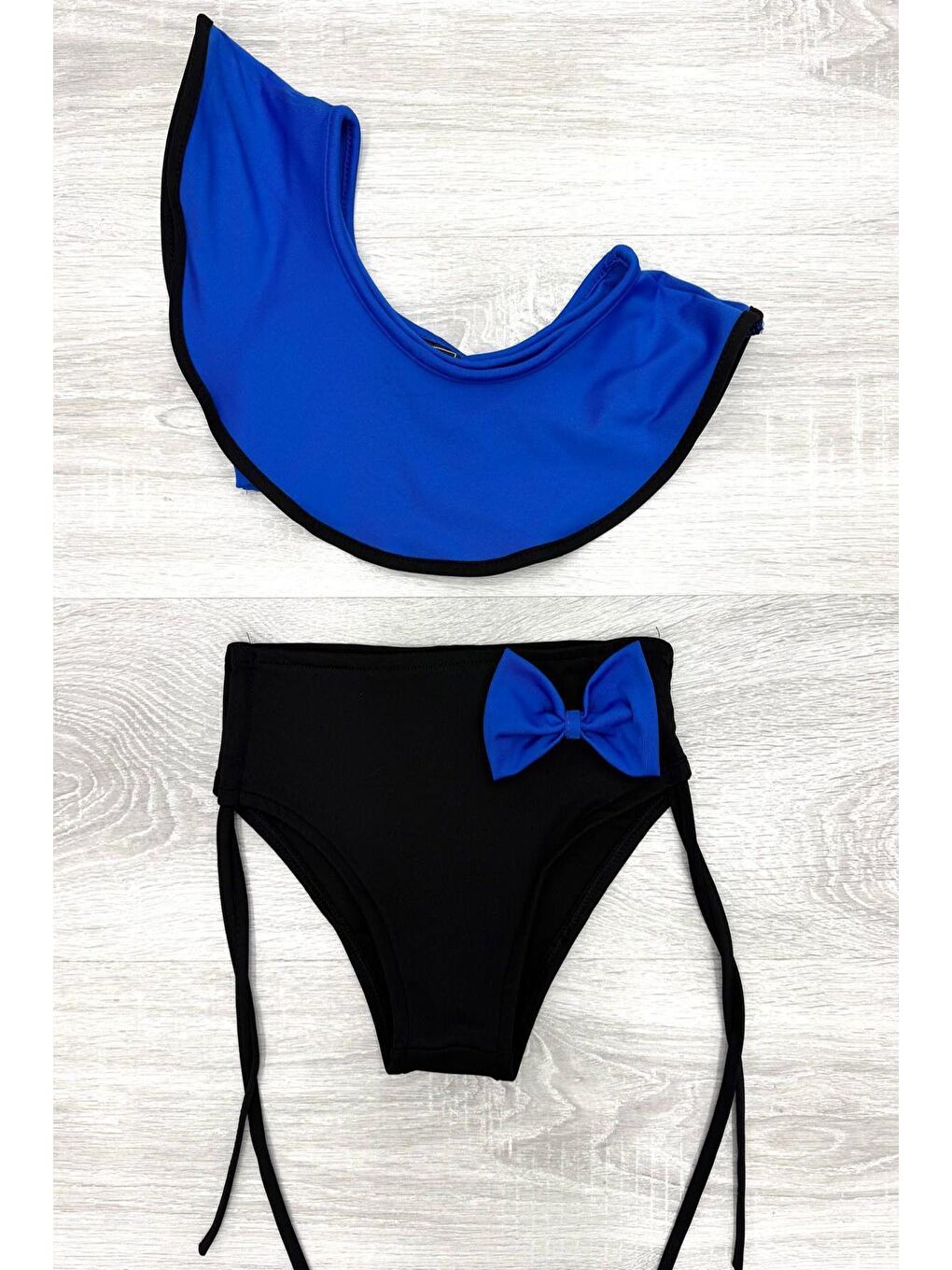 Lacivert Yarım Kol Fiyonklu Arkadan Bağlamalı Çocuk Bikini Takım