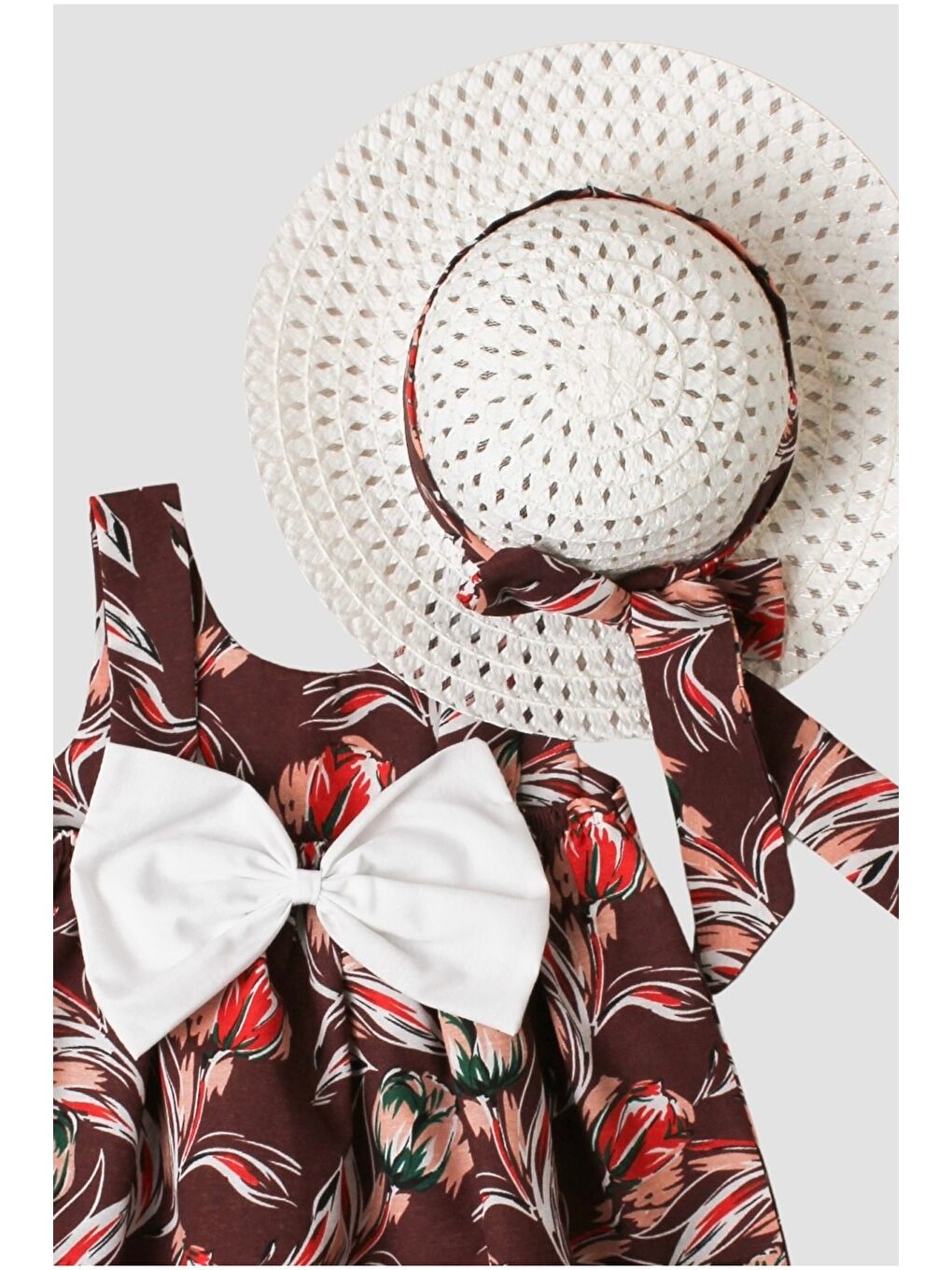 Kahverengi Şapkalı Fiyonklu Kız Bebek Elbisesi-2