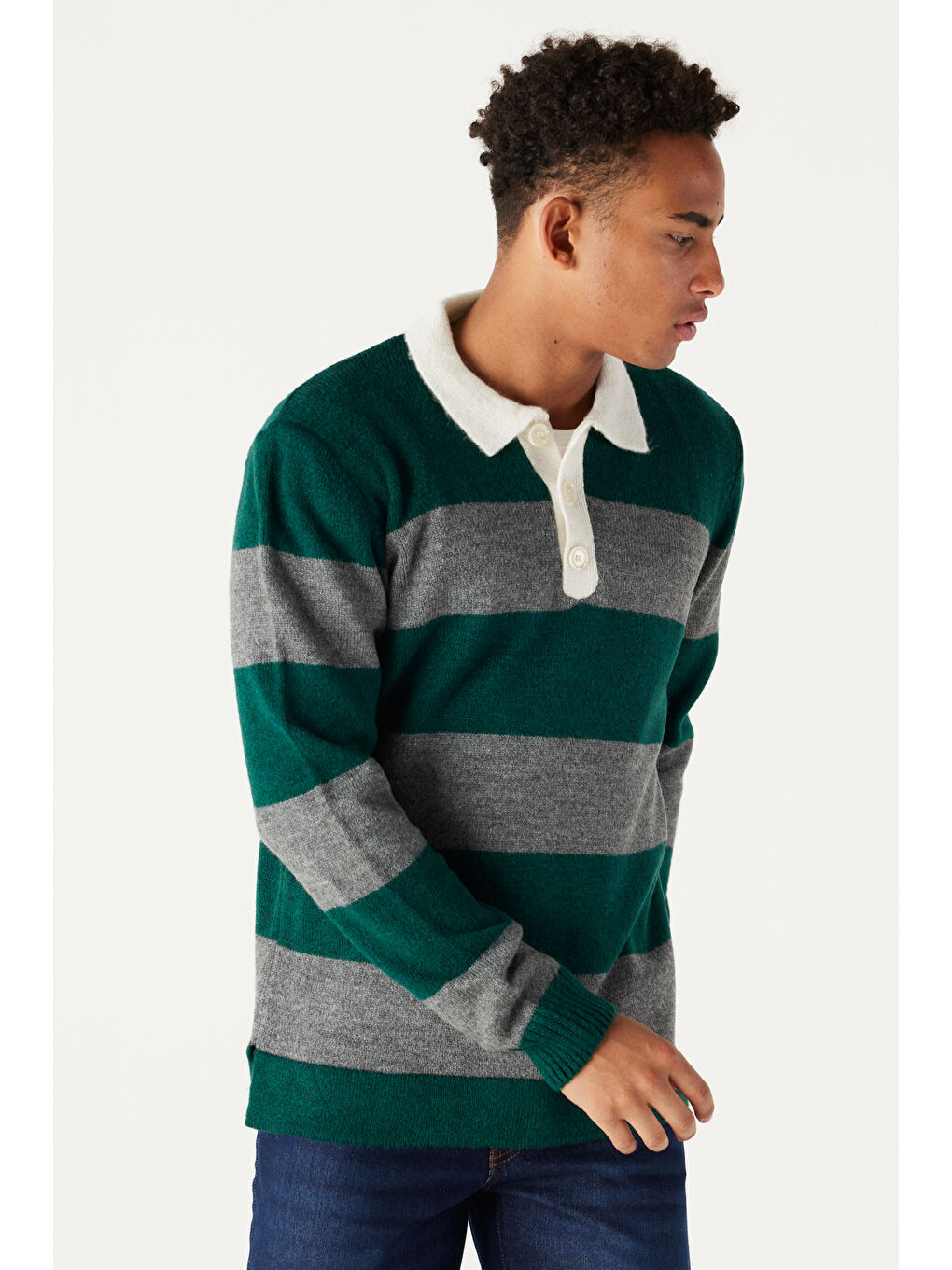 Erkek Yeşil-Gri Standart Fit Normal Kesim Polo Yaka Çizgili Triko-3