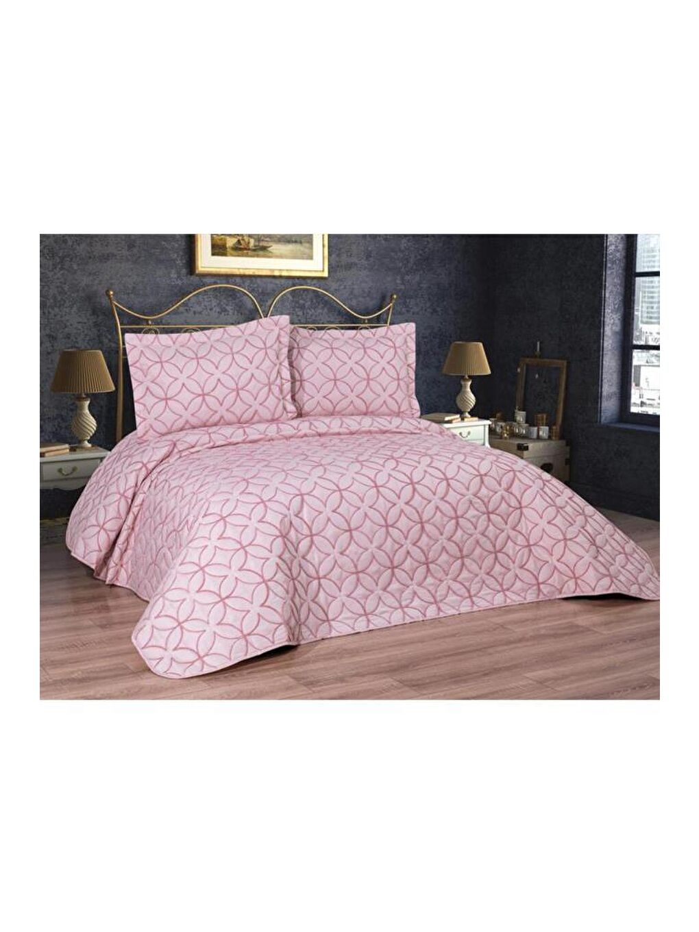 Pembe Parolin Çift Kişilik Kapitoneli Yatak Örtüsü Pudra-4