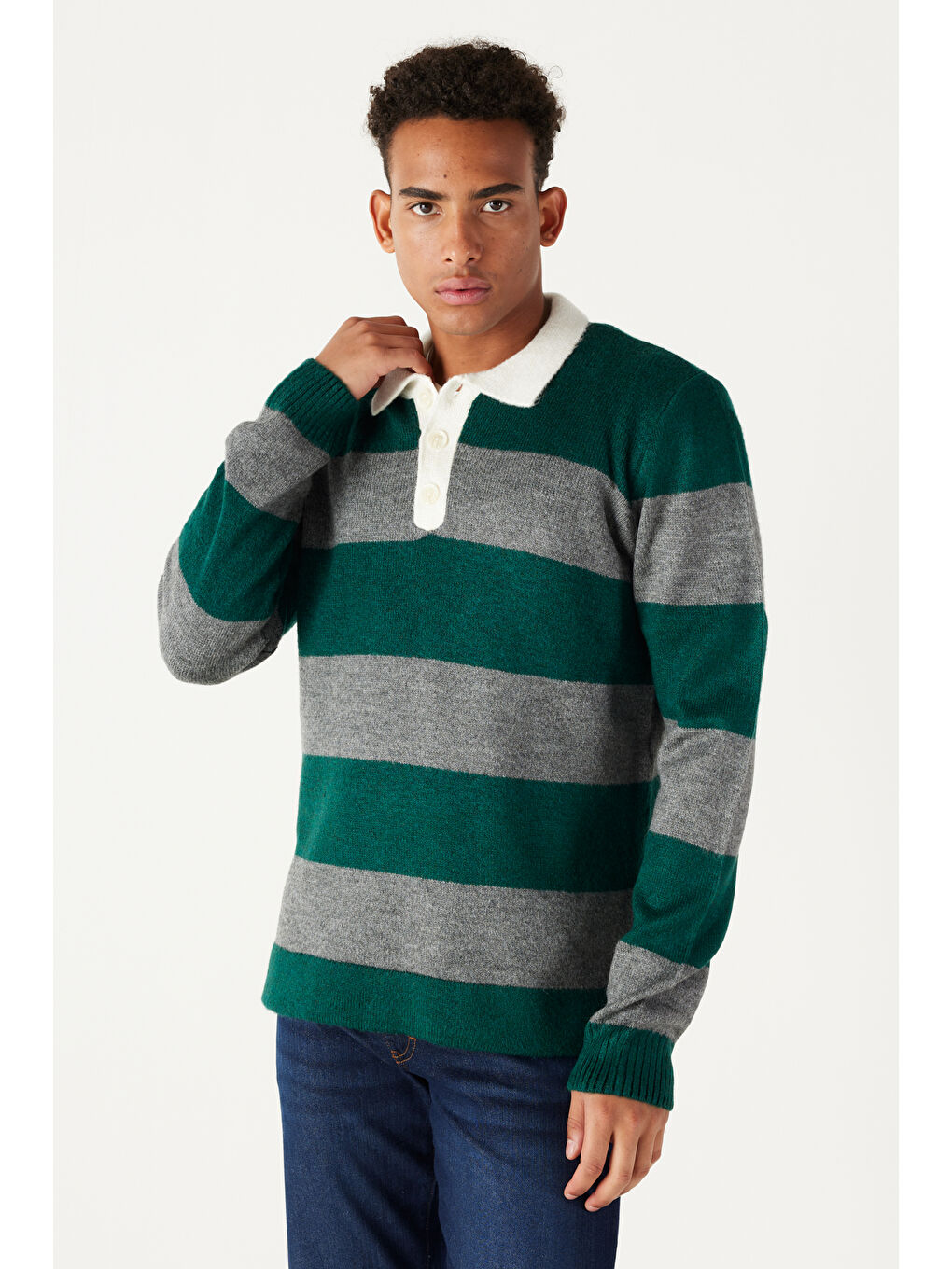 Erkek Yeşil-Gri Standart Fit Normal Kesim Polo Yaka Çizgili Triko-4