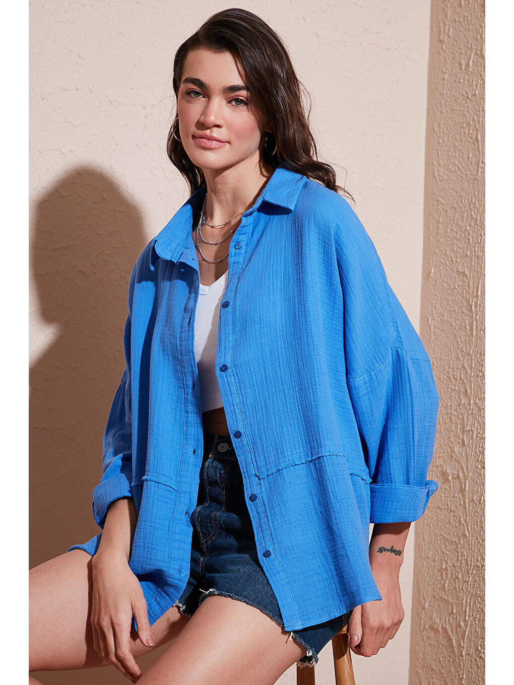 Lela Mavi Pamuklu Regular Fit Müslin Gömlek Cf25S166905 - 2