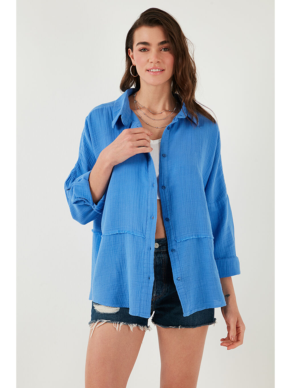 Lela Mavi Pamuklu Regular Fit Müslin Gömlek Cf25S166905 - 3