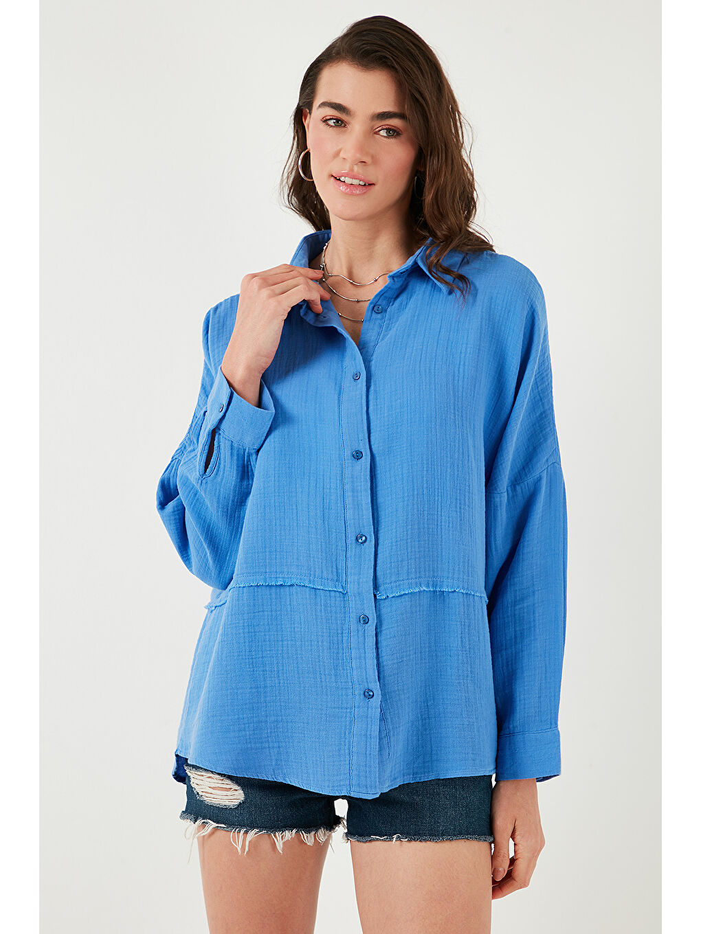 Lela Mavi Pamuklu Regular Fit Müslin Gömlek Cf25S166905 - 4
