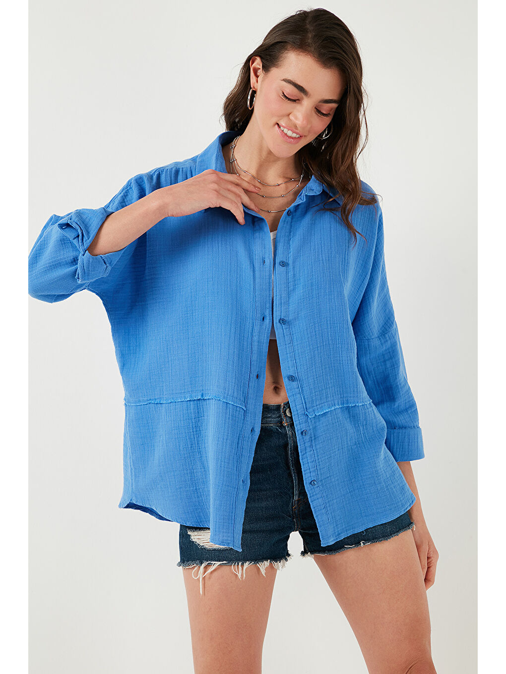 Lela Mavi Pamuklu Regular Fit Müslin Gömlek Cf25S166905 - 5