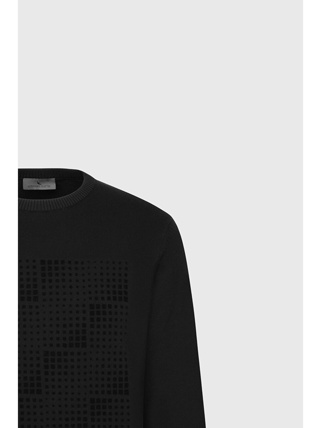 Erkek Siyah %100 Pamuk Standart Fit Normal Kesim Bisiklet Yaka Baskılı Triko Kazak-7