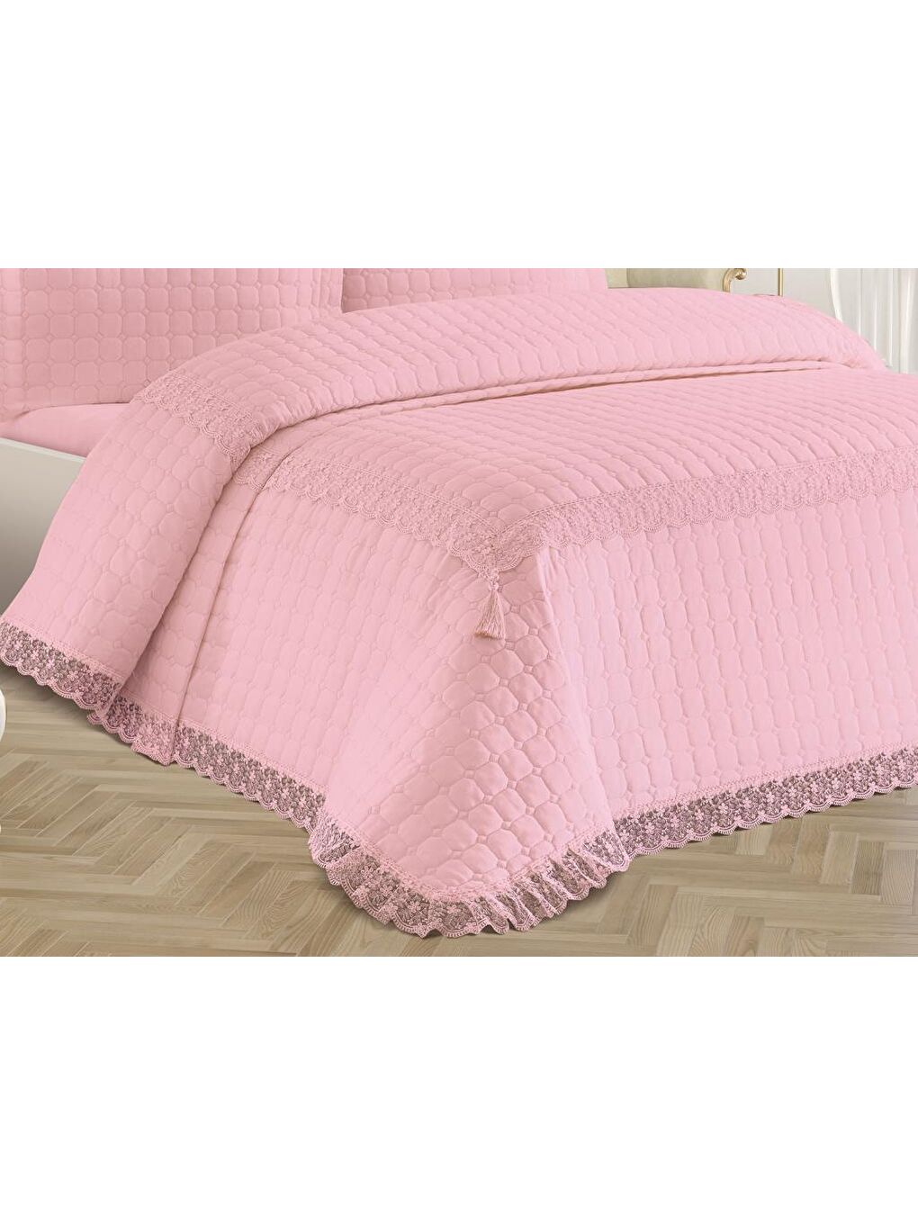 Pembe Roza Çift Kişilik Kapitoneli Yatak Örtüsü Pudra-2