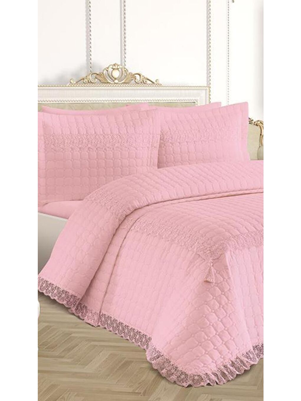 Pembe Roza Çift Kişilik Kapitoneli Yatak Örtüsü Pudra-3