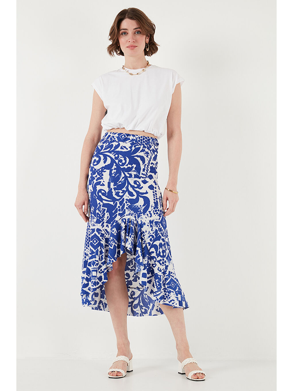 Mavi Regular Fit Desenli Yüksek Bel Volanlı Midi Boy Yırtmaçlı Etek 5869013