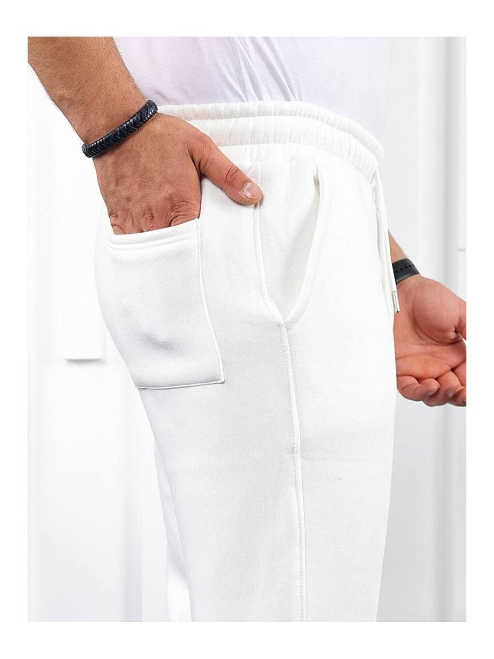 Ekru Erkek Beli Lastikli Şardonlu Jogger Beyaz Eşofman Altı-1