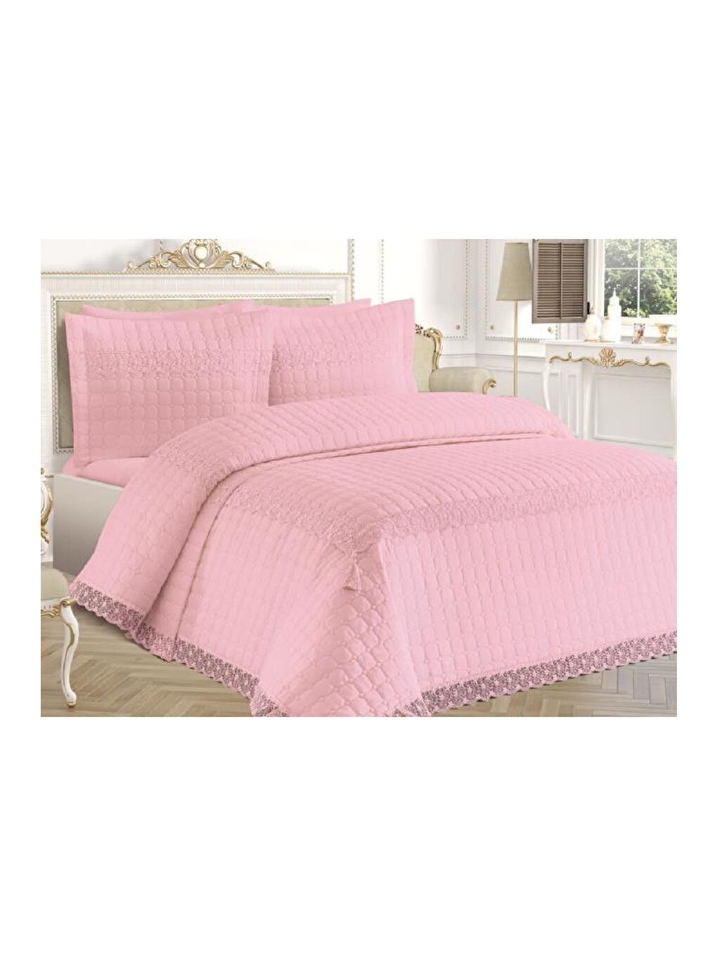 Pembe Roza Çift Kişilik Kapitoneli Yatak Örtüsü Pudra-5