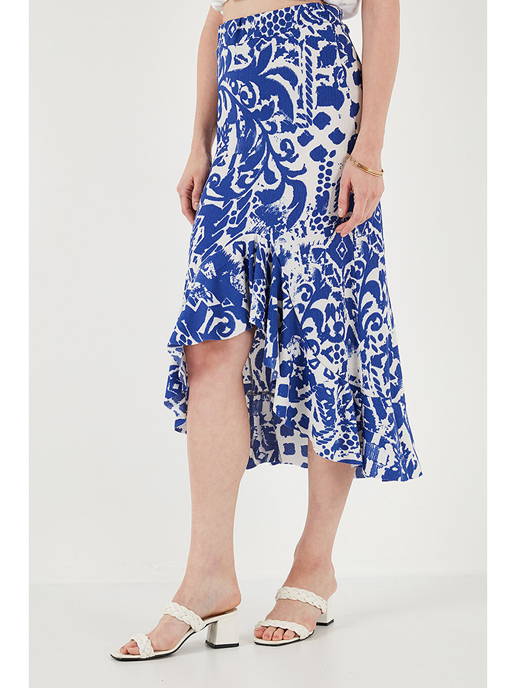 Mavi Regular Fit Desenli Yüksek Bel Volanlı Midi Boy Yırtmaçlı Etek 5869013-3