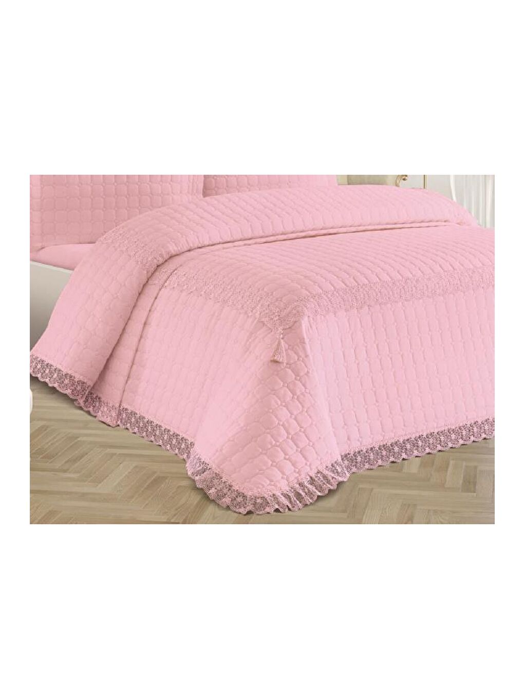 Pembe Roza Çift Kişilik Kapitoneli Yatak Örtüsü Pudra-6