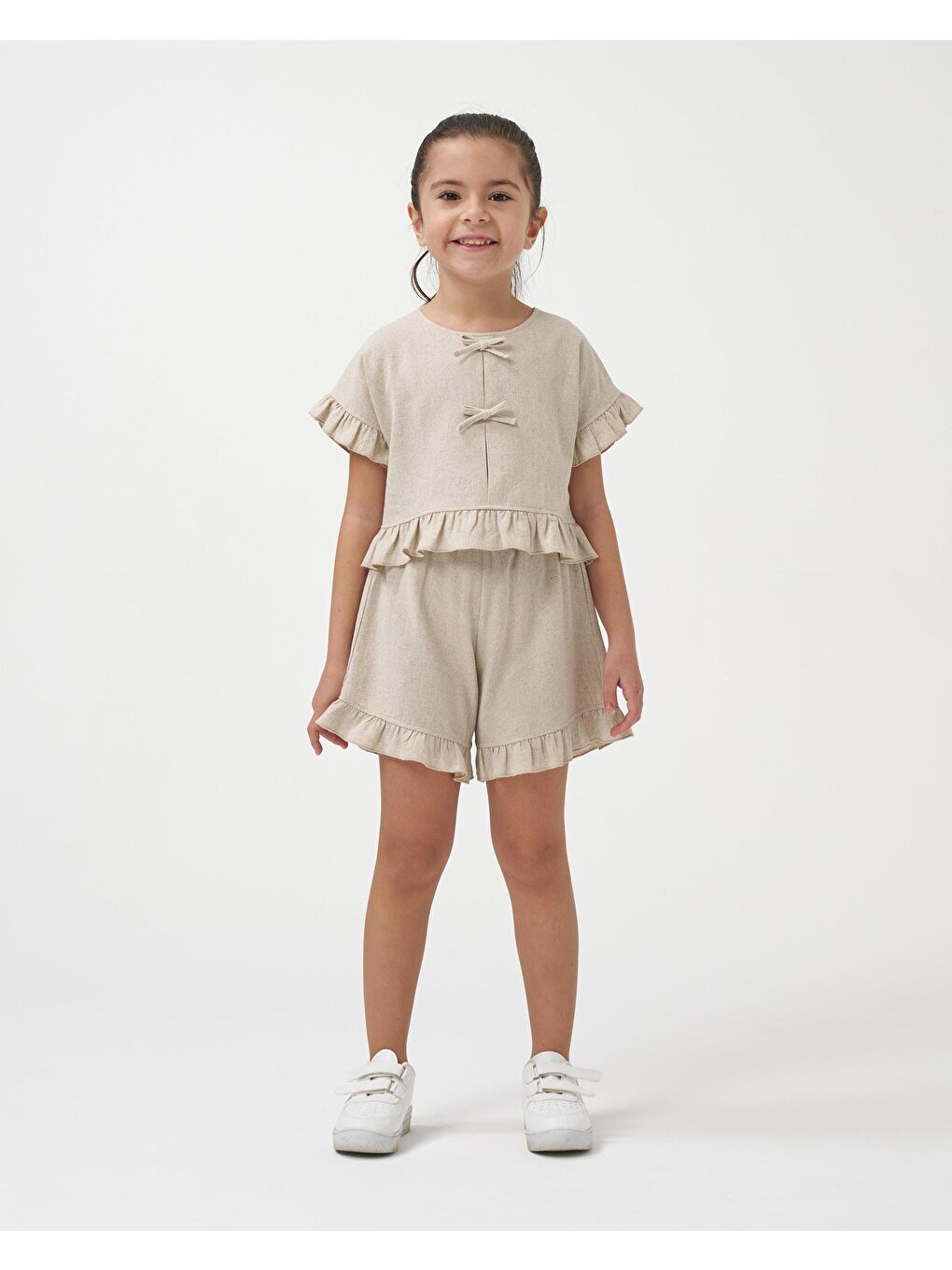 Kız Çocuk Keten Bej Fırfır Detaylı Kısa Kollu Şortlu Takım-1