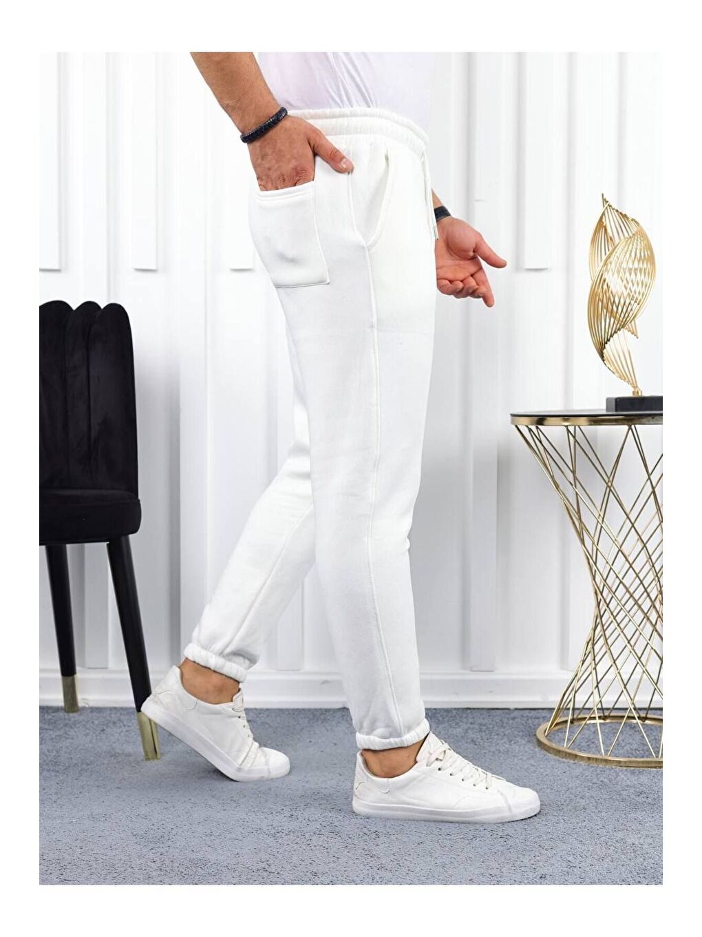 Ekru Erkek Beli Lastikli Şardonlu Jogger Beyaz Eşofman Altı-2