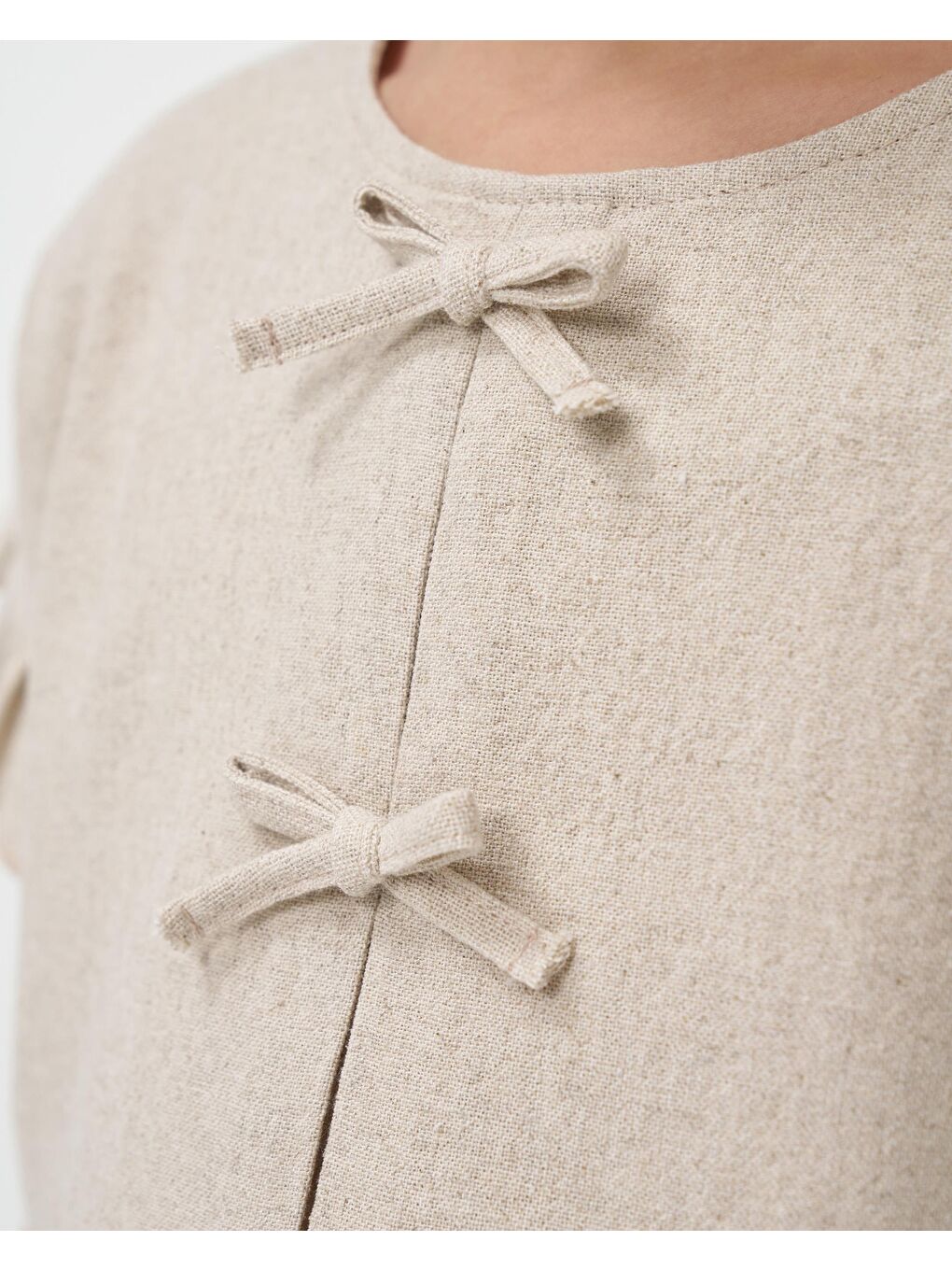 Kız Çocuk Keten Bej Fırfır Detaylı Kısa Kollu Şortlu Takım-4