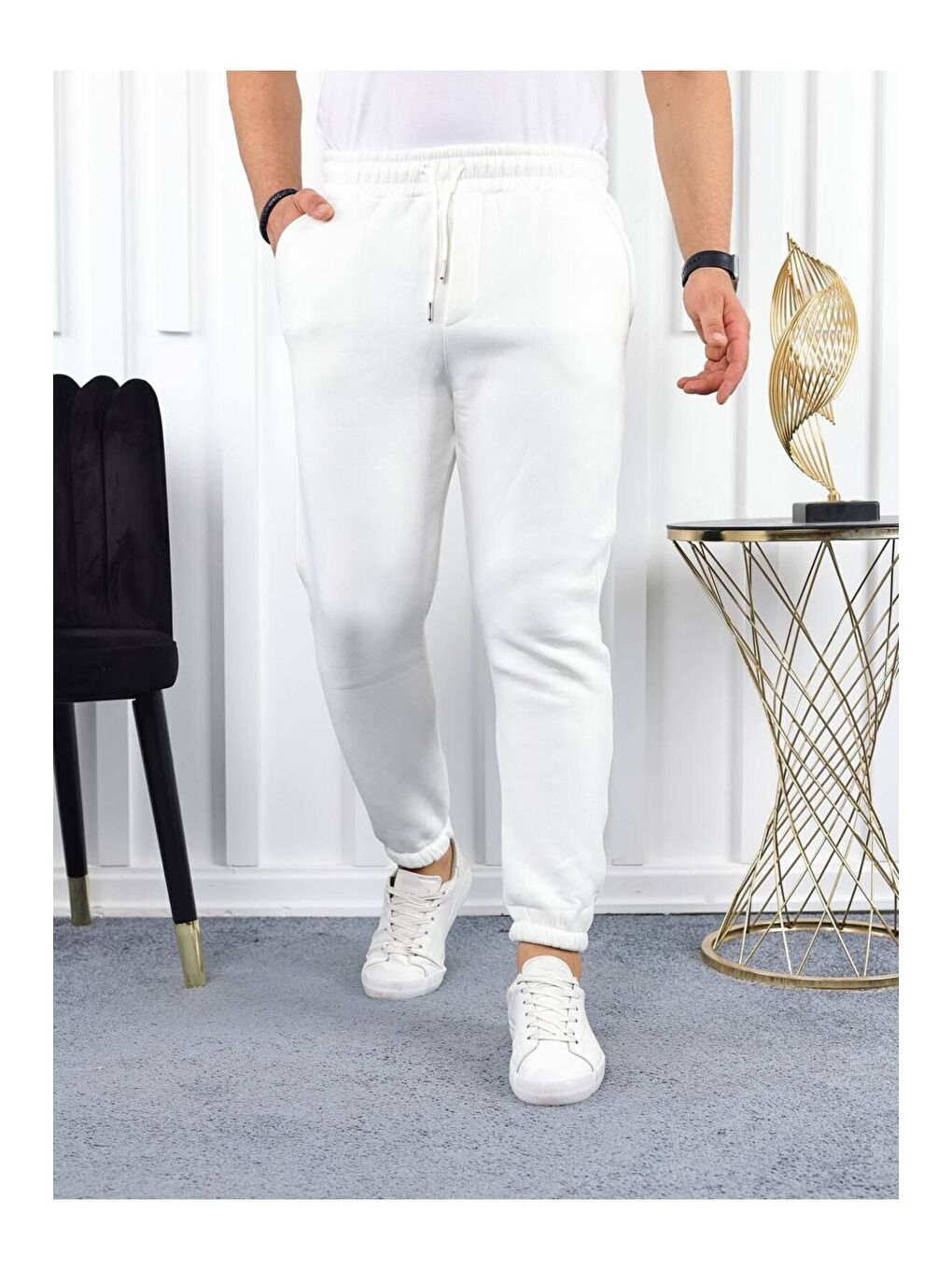 Ekru Erkek Beli Lastikli Şardonlu Jogger Beyaz Eşofman Altı-3