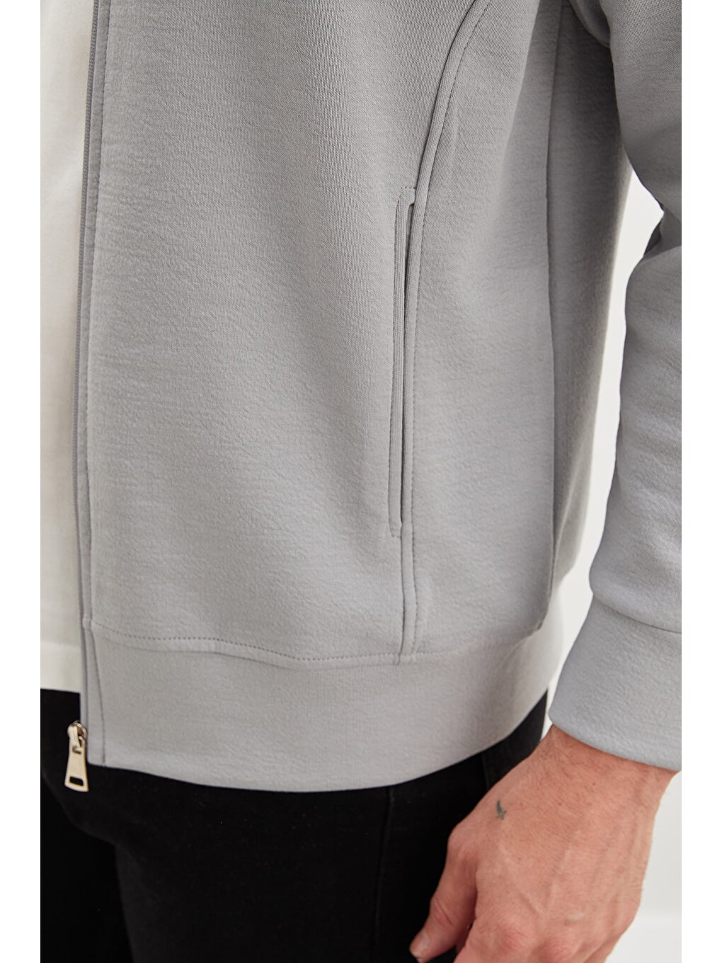 Gri Fermuarlı Dik Yaka Cepli Regular Fit Ceket-4