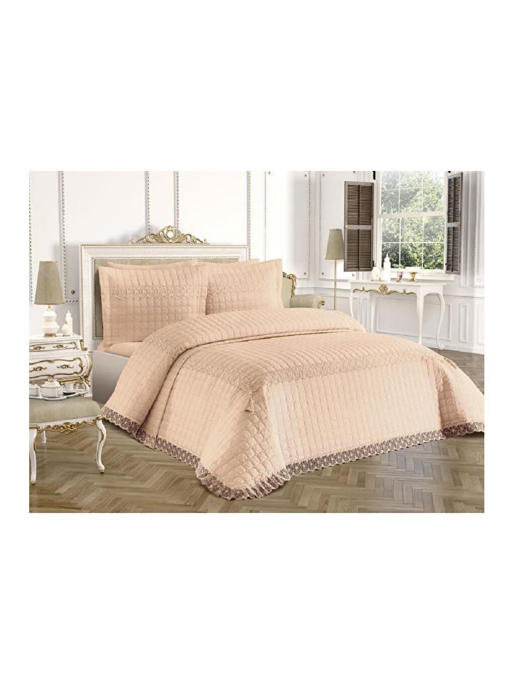 Roza Çift Kişilik Kapitoneli Yatak Örtüsü Bej-4