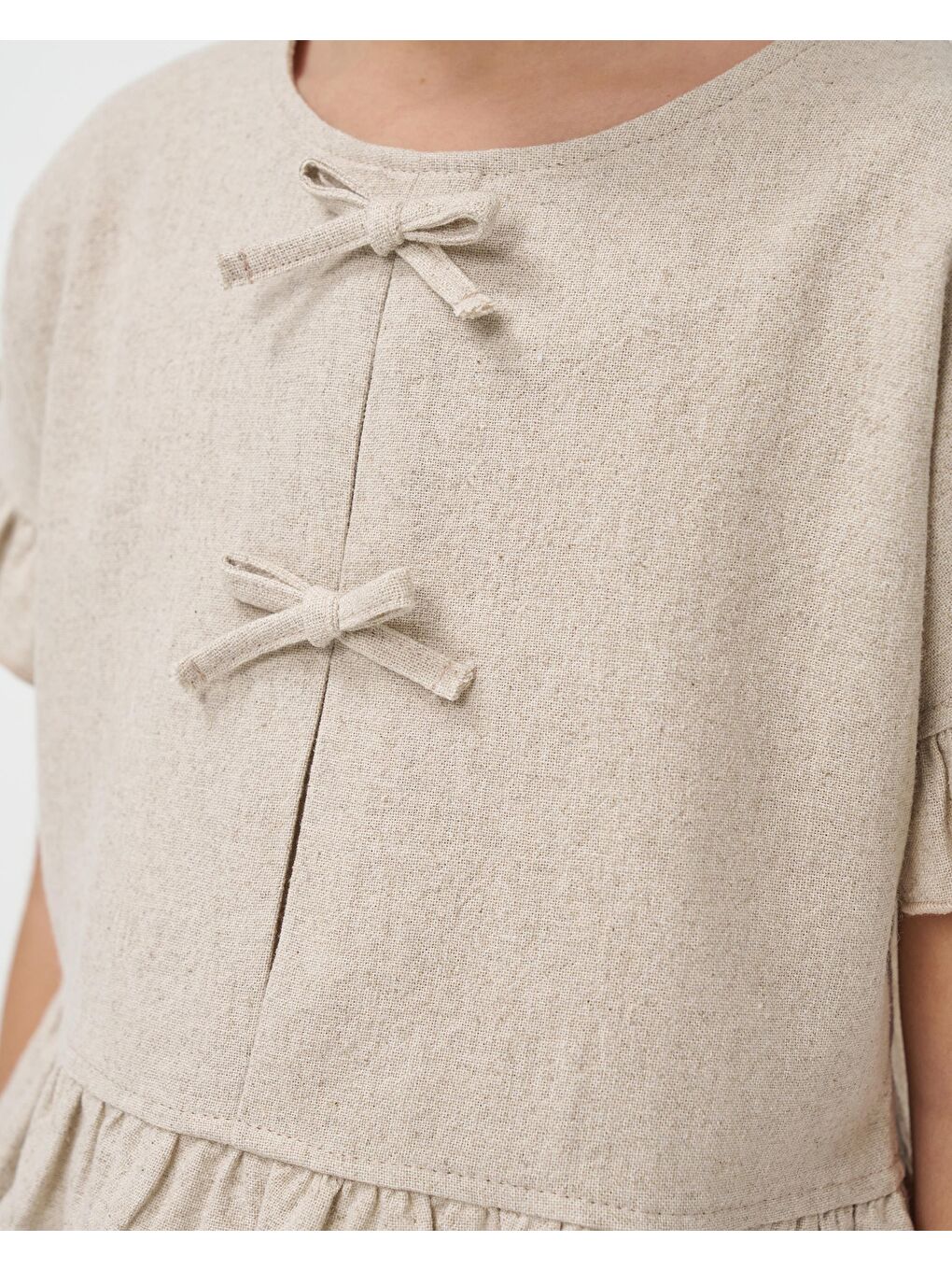 Kız Çocuk Keten Bej Fırfır Detaylı Kısa Kollu Şortlu Takım-7