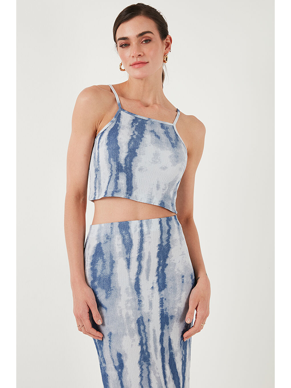 İndigo Slim Fit İp Askılı Yırtmaçlı Midi Alt-Üst Takım 5869021-1