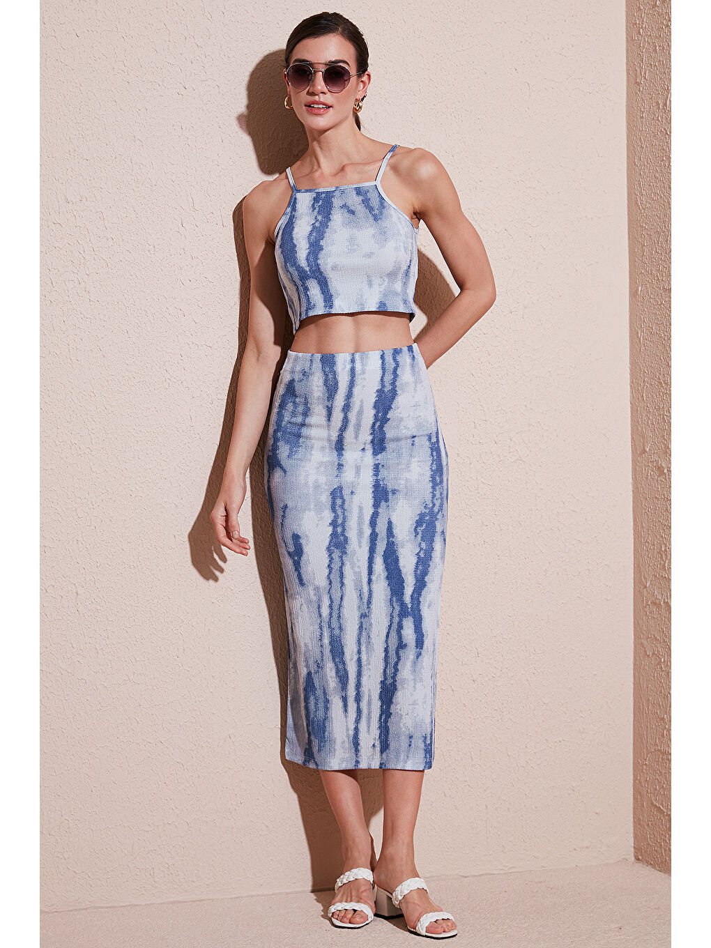 İndigo Slim Fit İp Askılı Yırtmaçlı Midi Alt-Üst Takım 5869021-2