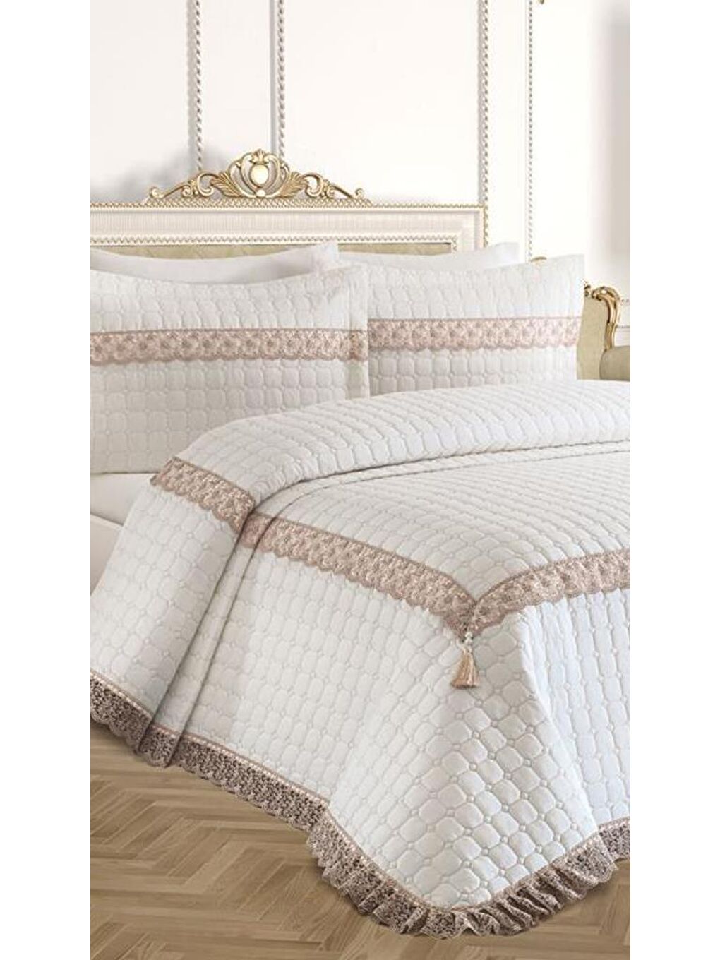 Roza Çift Kişilik Kapitoneli Yatak Örtüsü Krem Bej-3