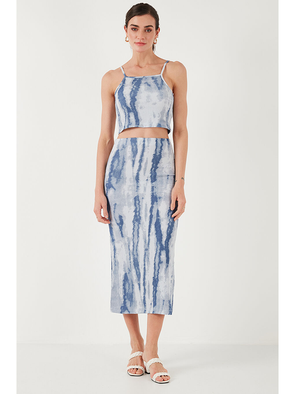 İndigo Slim Fit İp Askılı Yırtmaçlı Midi Alt-Üst Takım 5869021-5