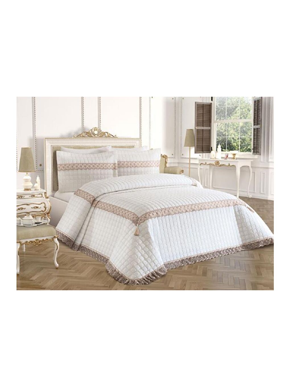 Roza Çift Kişilik Kapitoneli Yatak Örtüsü Krem Bej-4