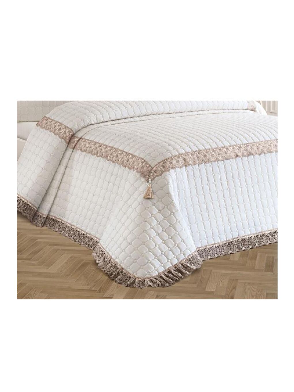 Roza Çift Kişilik Kapitoneli Yatak Örtüsü Krem Bej-6