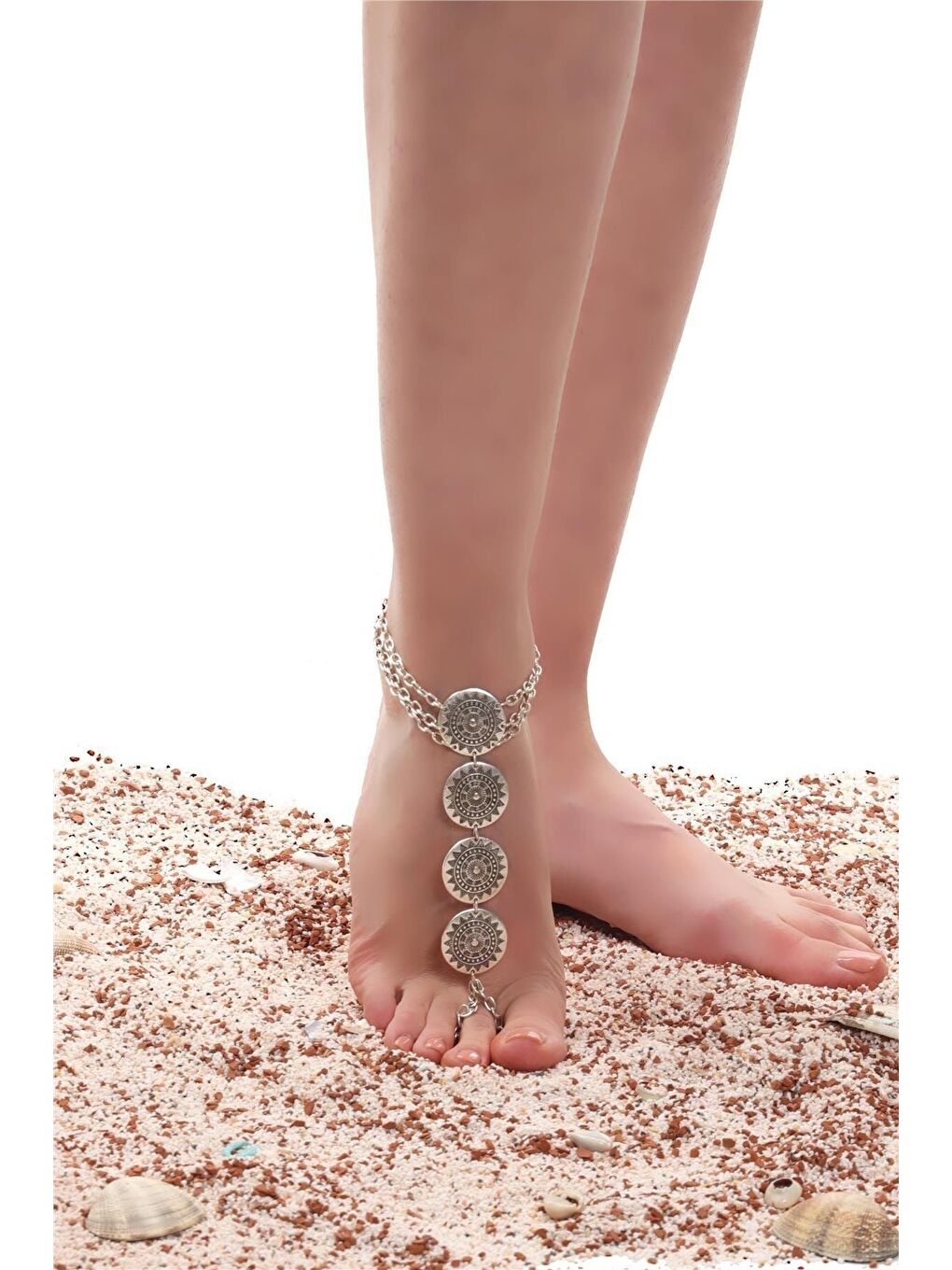 Gri Kadın Zincirli Model Etnik Motifli Tasarım Ayak Şahmeranı-4