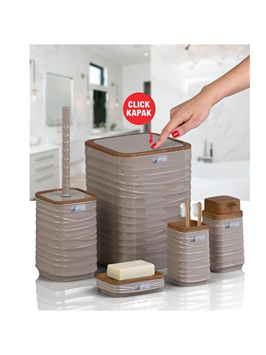 Luna Ahşap Görünümlü Kare 5’li Banyo Seti - Bej / Kahverengi-1