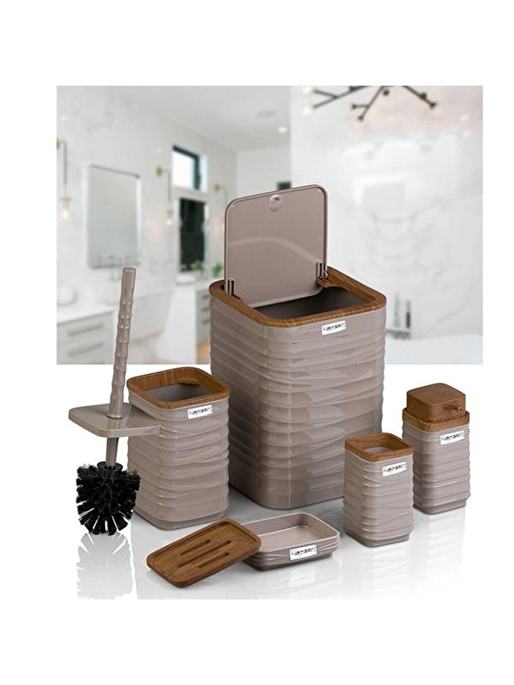 Luna Ahşap Görünümlü Kare 5’li Banyo Seti - Bej / Kahverengi-2