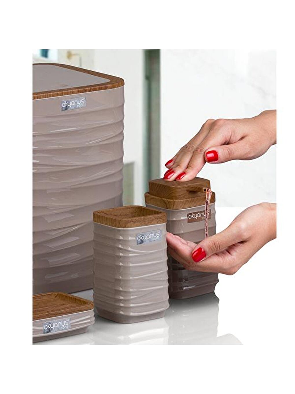 Luna Ahşap Görünümlü Kare 5’li Banyo Seti - Bej / Kahverengi-5