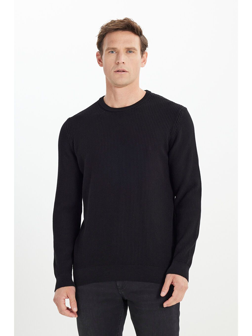 Erkek Siyah %100 Pamuk Standart Fit Normal Kesim Bisiklet Yaka Selanik Örgü Triko Kazak