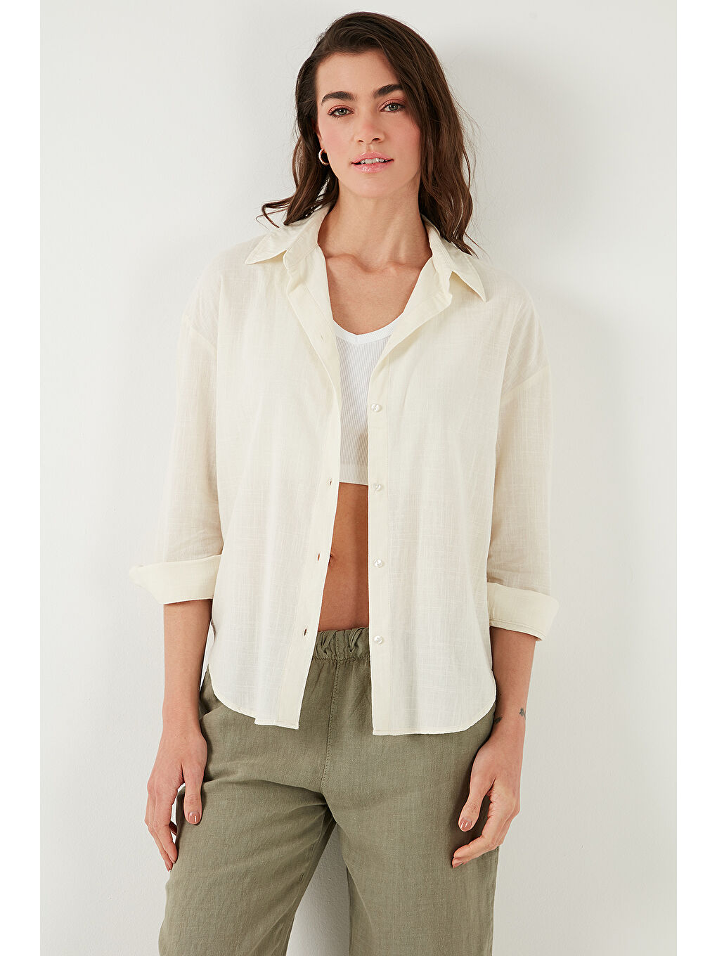 Ekru Pamuklu Regular Fit Uzun Kollu Düz Gömlek Cf25S168305-4