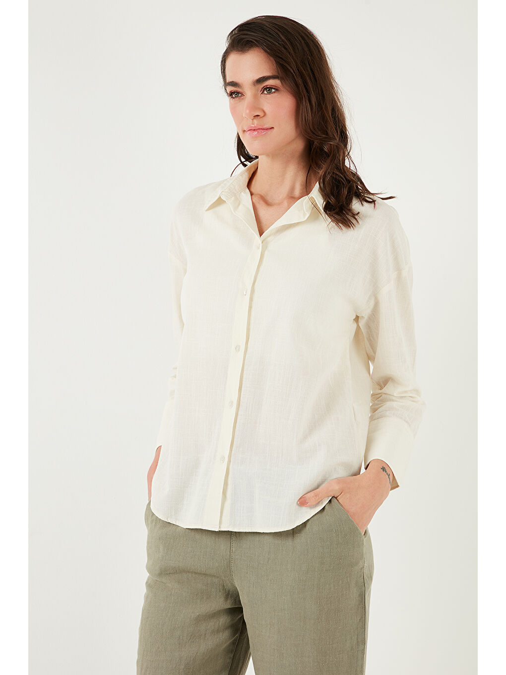 Ekru Pamuklu Regular Fit Uzun Kollu Düz Gömlek Cf25S168305-5