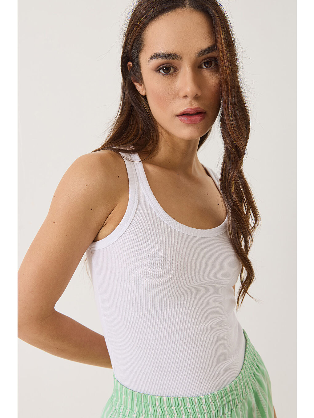 Beyaz Kadın Fitilli Görünümlü Kalın Askılı Kaşkorse Basic Atlet-2