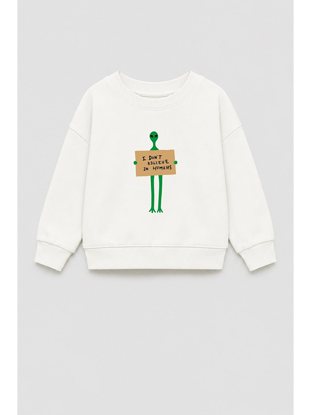 Ekru Erkek Çocuk 3 İplik Kumaş Uzaylı Baskılı Pamuklu Sweatshirt-1