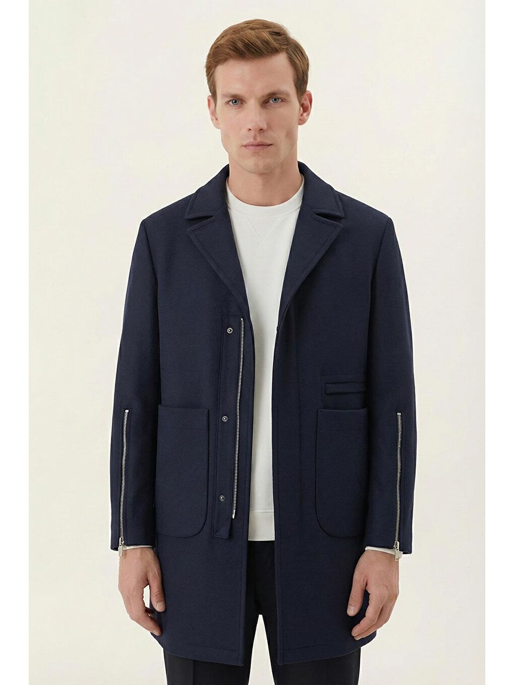 Giotelli Lacivert Regular Fit Yün Karışımlı Ceket Yaka Erkek Kaşe Kaban
