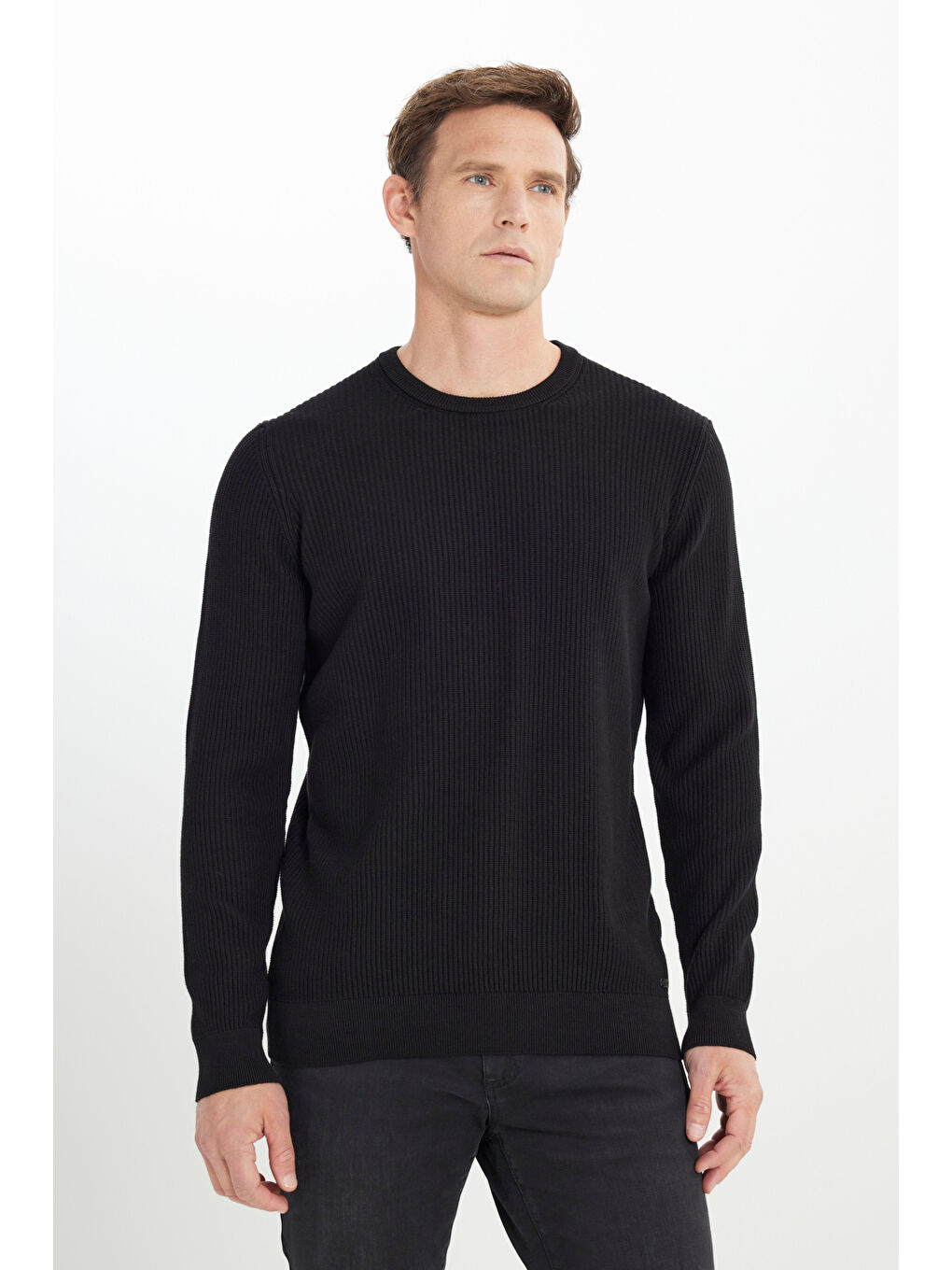 Erkek Siyah %100 Pamuk Standart Fit Normal Kesim Bisiklet Yaka Selanik Örgü Triko Kazak-2