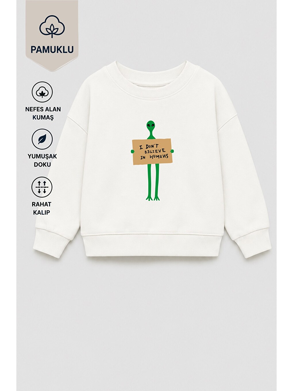 Ekru Erkek Çocuk 3 İplik Kumaş Uzaylı Baskılı Pamuklu Sweatshirt-3