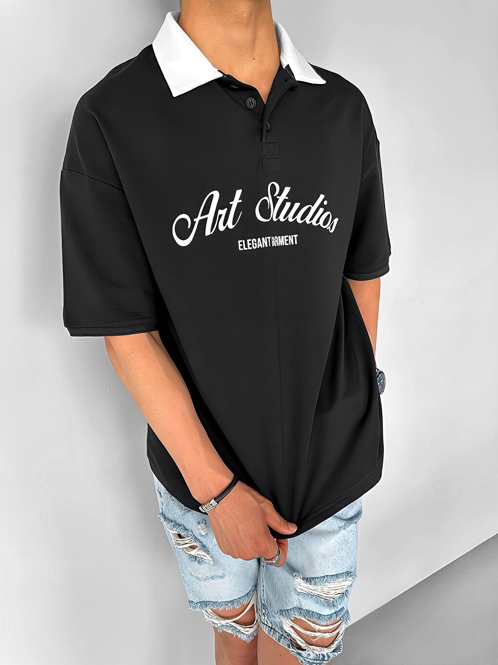 ablukaonline Erkek Oversize Fit Esnek 3 Düğmeli Polo Yaka Pamuklu T-Shirt Siyah