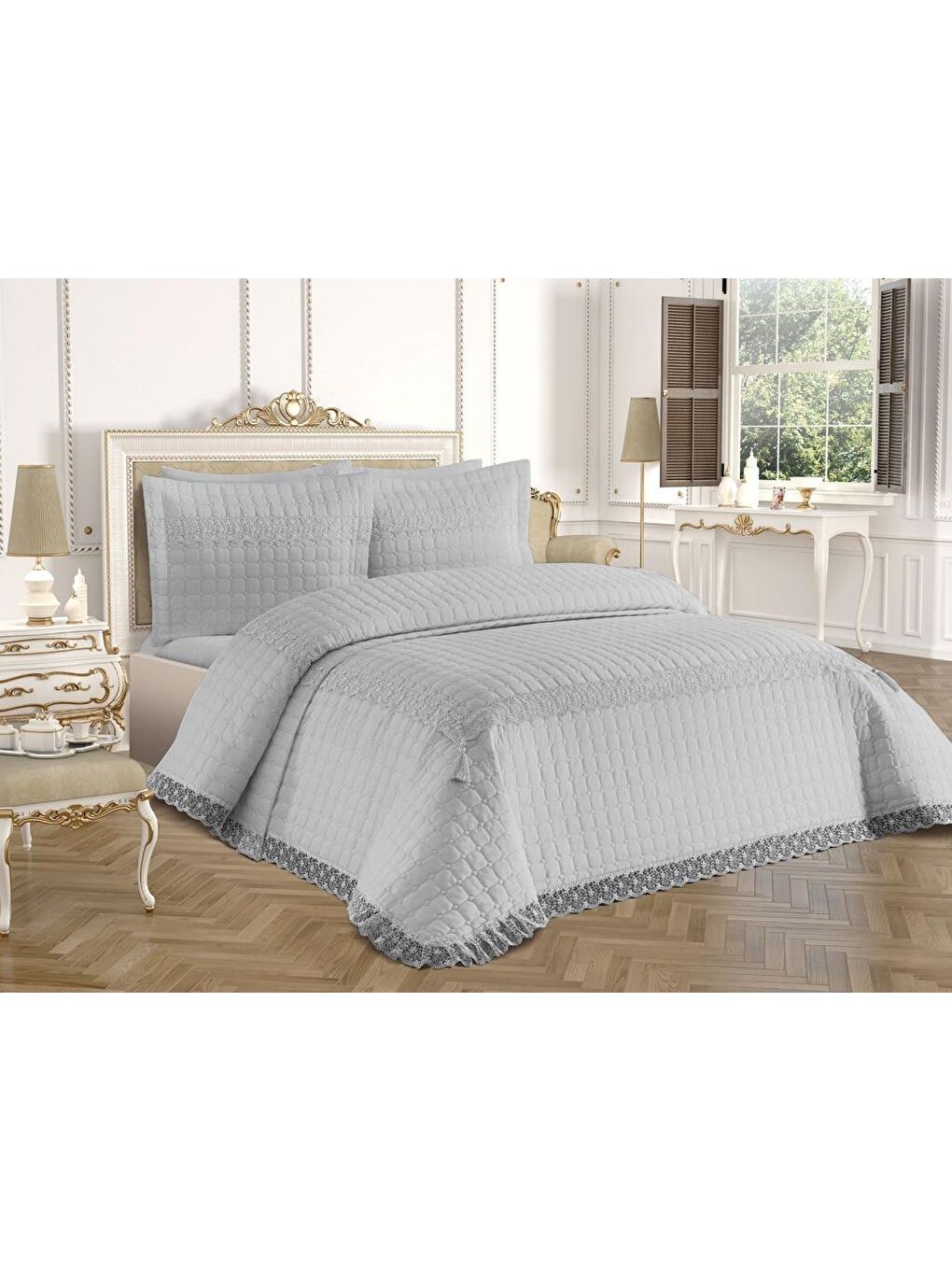 Roza Çift Kişilik Kapitoneli Yatak Örtüsü Gri