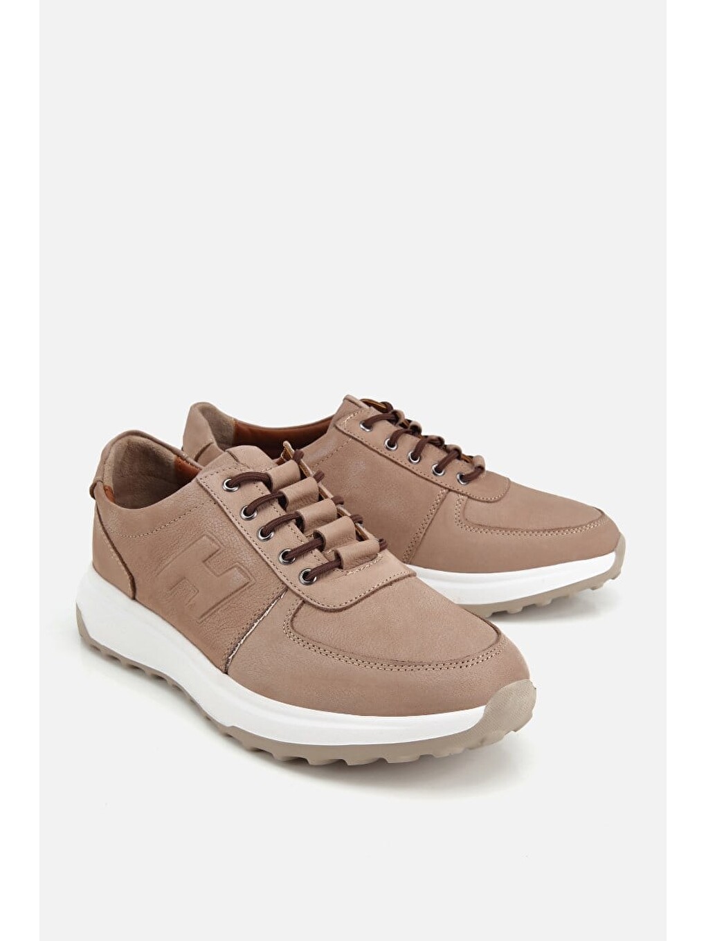 Erkek Bej Nubuk Deri Bağcık Detaylı Sneaker-1