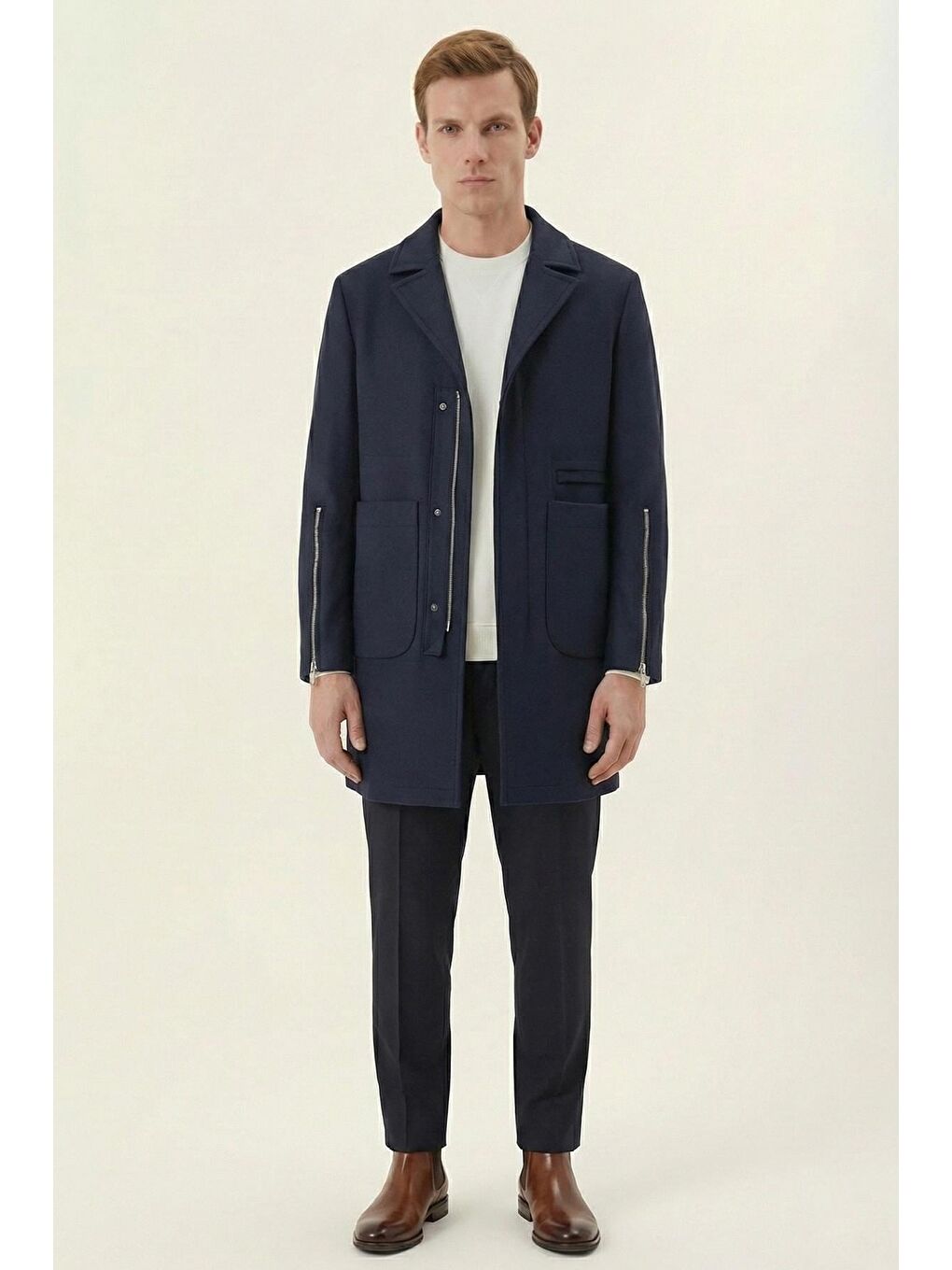 Giotelli Lacivert Regular Fit Yün Karışımlı Ceket Yaka Erkek Kaşe Kaban-1