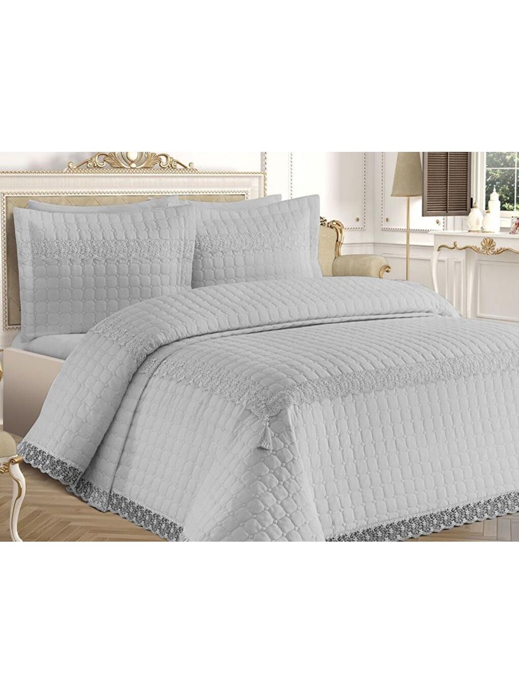 Roza Çift Kişilik Kapitoneli Yatak Örtüsü Gri-1