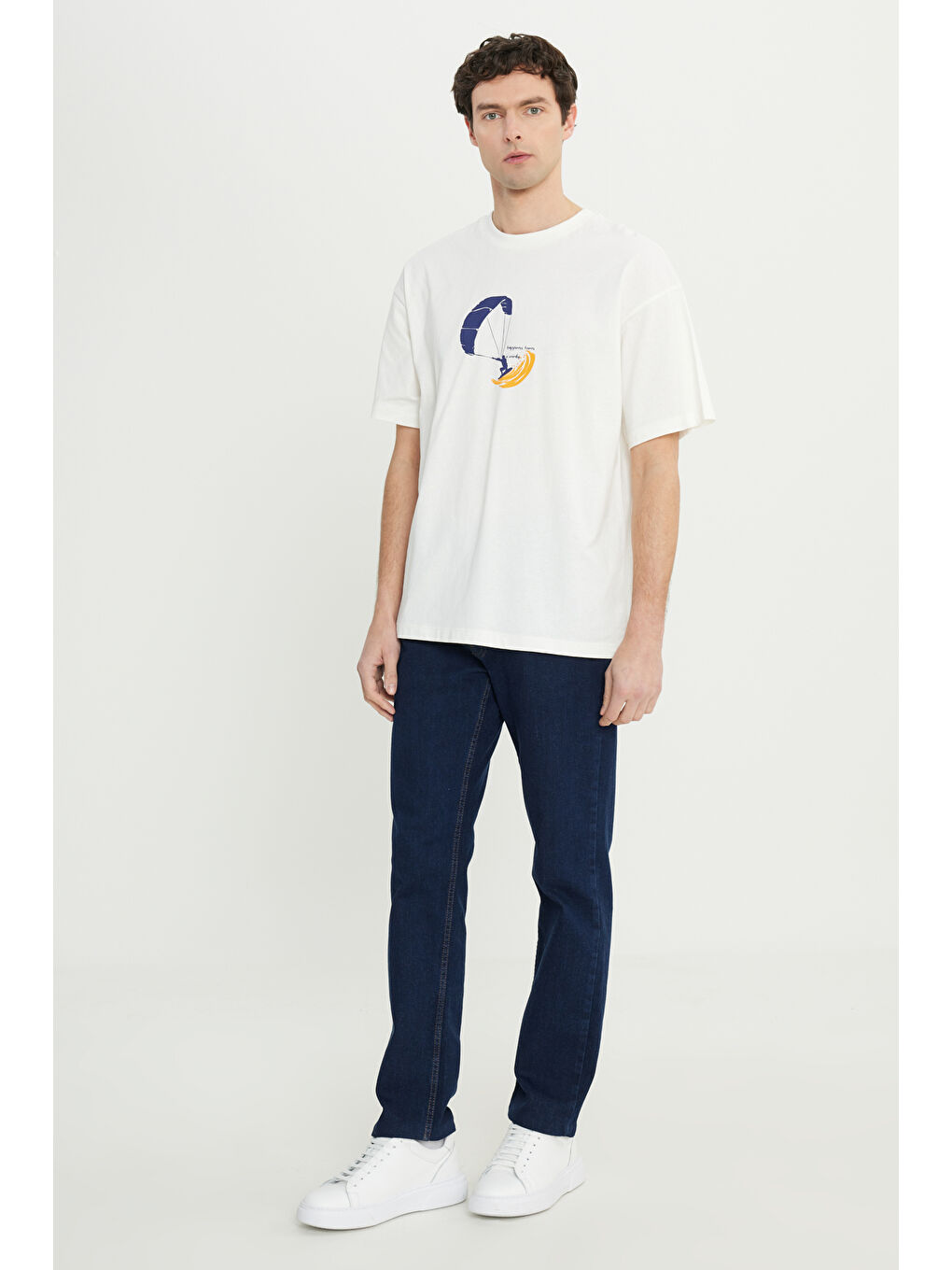 Erkek Ekru %100 Pamuk Oversize Fit Rahat Kesim Bisiklet Yaka Baskılı Tişört-1