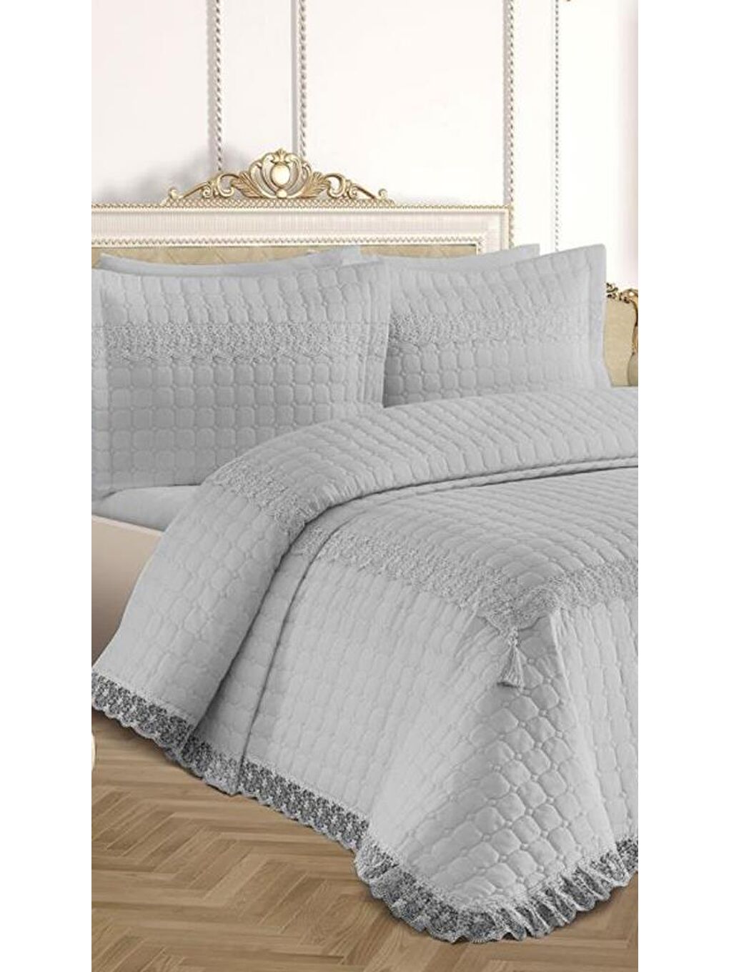 Roza Çift Kişilik Kapitoneli Yatak Örtüsü Gri-3