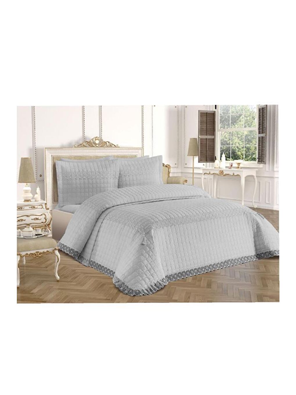 Roza Çift Kişilik Kapitoneli Yatak Örtüsü Gri-4